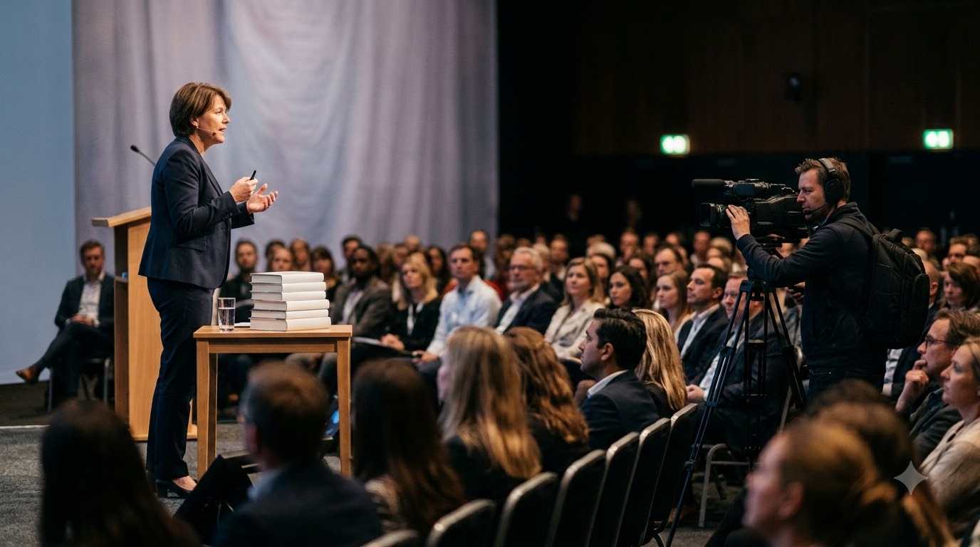 Author speaking on a conference stage while a camera operator films from the aisle