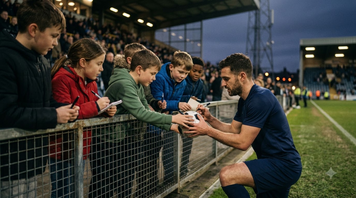 Athlete signing autographs for young fans along a stadium barrier under floodlights