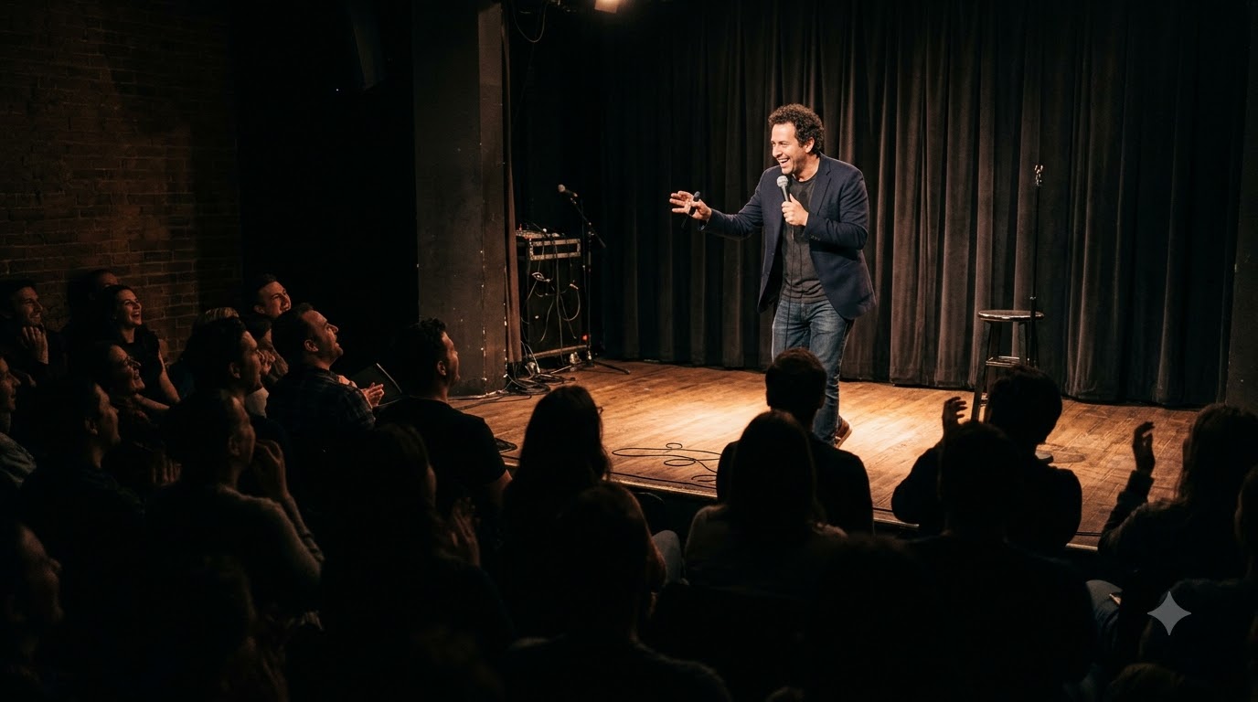 Comedian performing in a spotlight while the audience laughs