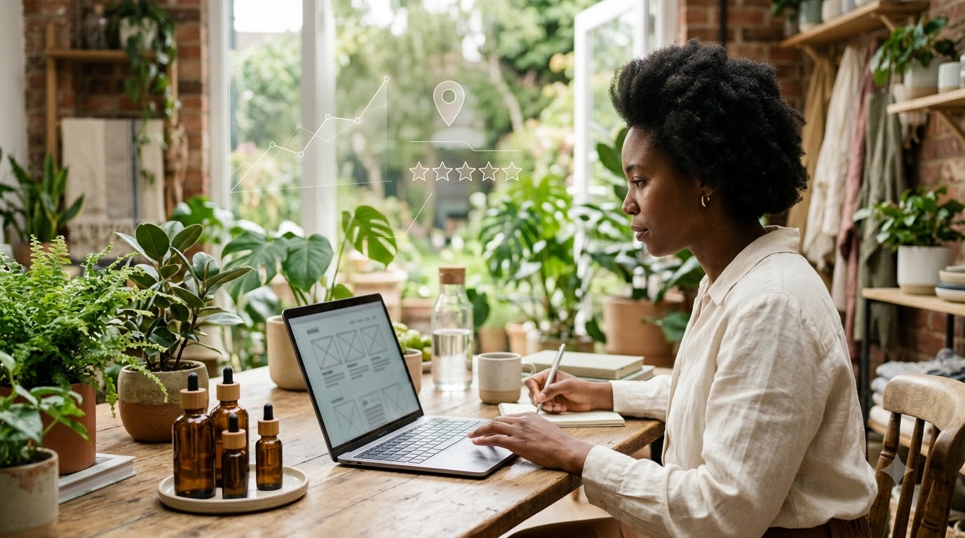 CBD brand owner reviewing website wireframes on a laptop beside tincture bottles