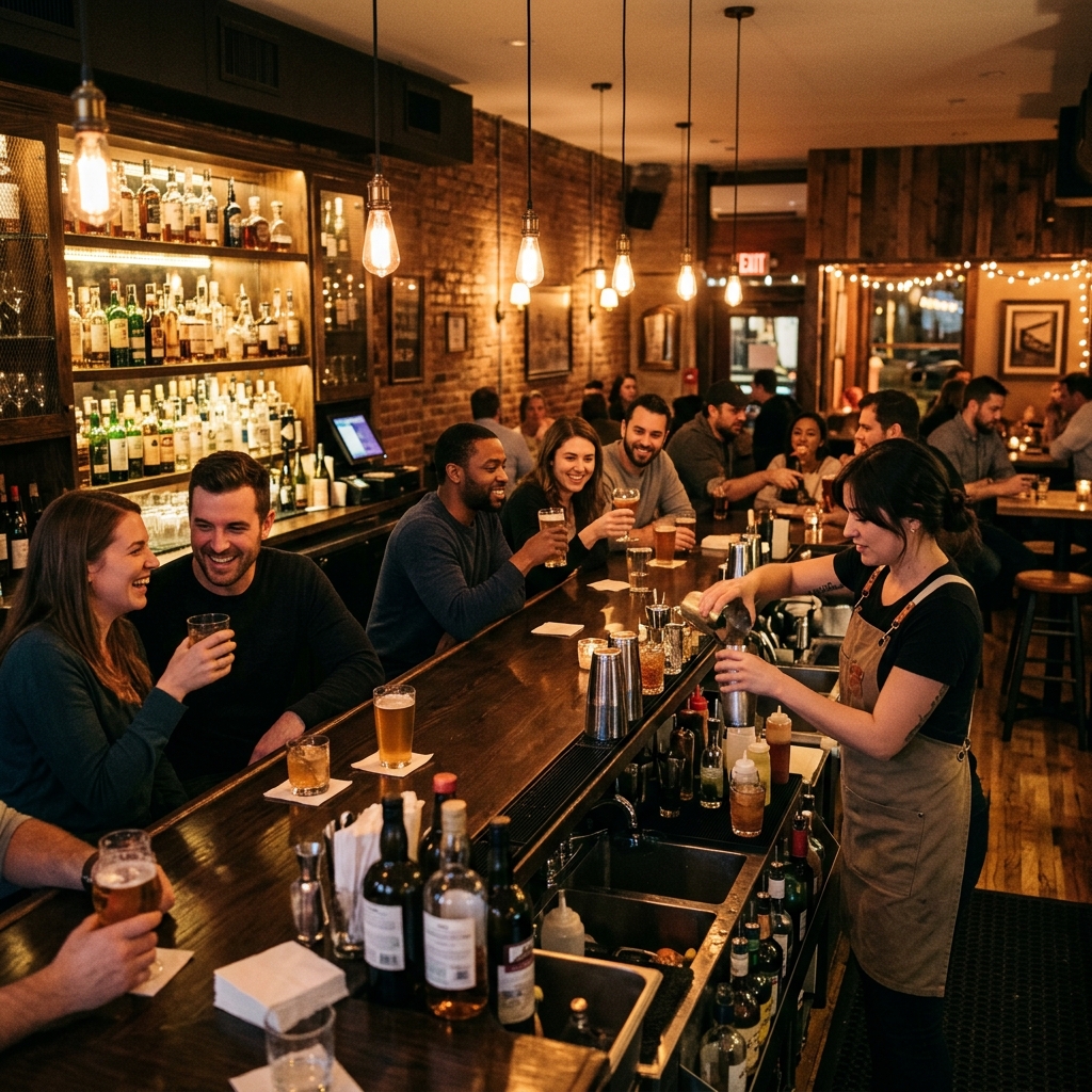 Bartender serving customers at a busy, warmly lit bar