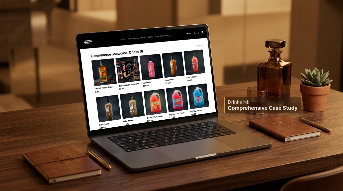 DrinksNi ecommerce website shown on a laptop beside a whiskey decanter