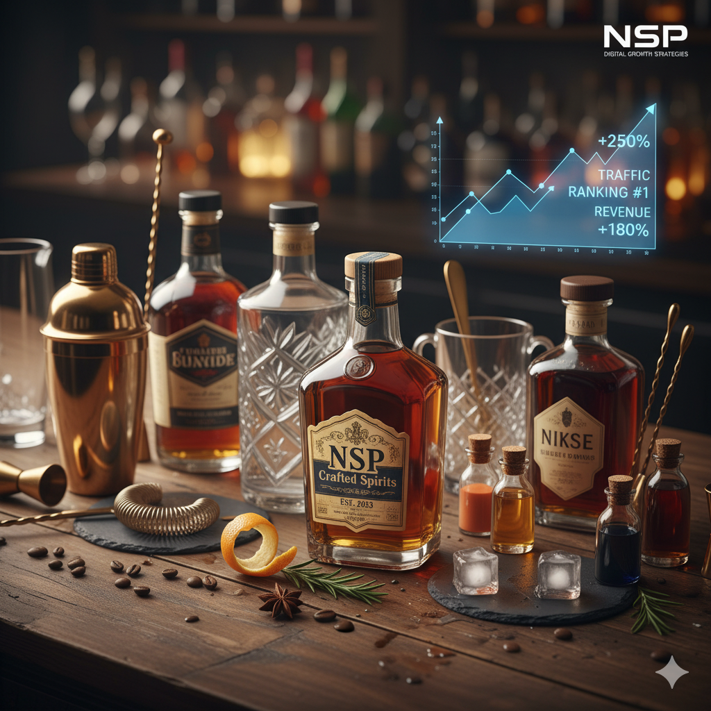 Bar spirits on a table with a traffic and revenue growth overlay