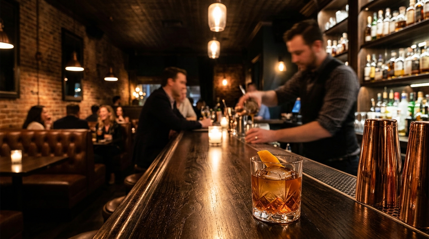Old fashioned cocktail on a dark wood bar while a bartender mixes drinks for guests