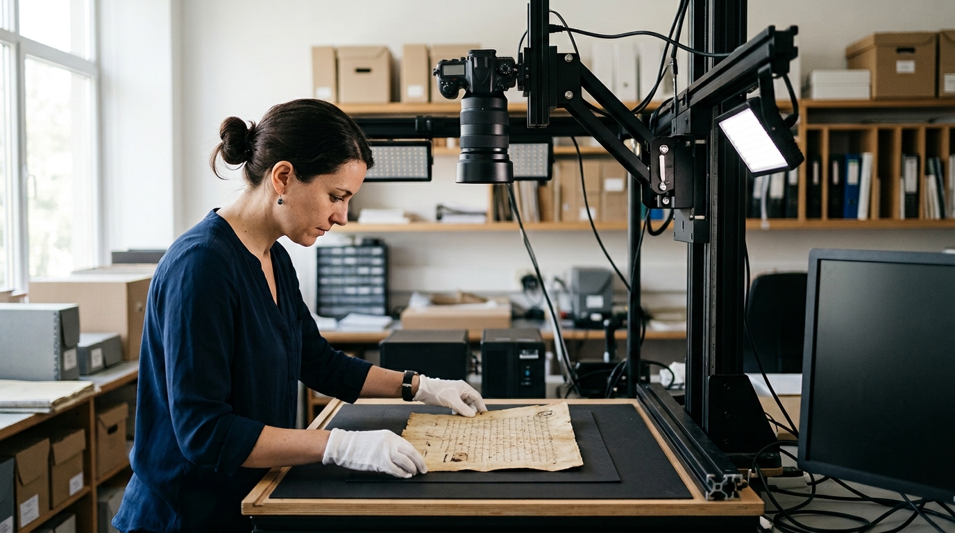Archivist digitizing a fragile historic document with an overhead camera