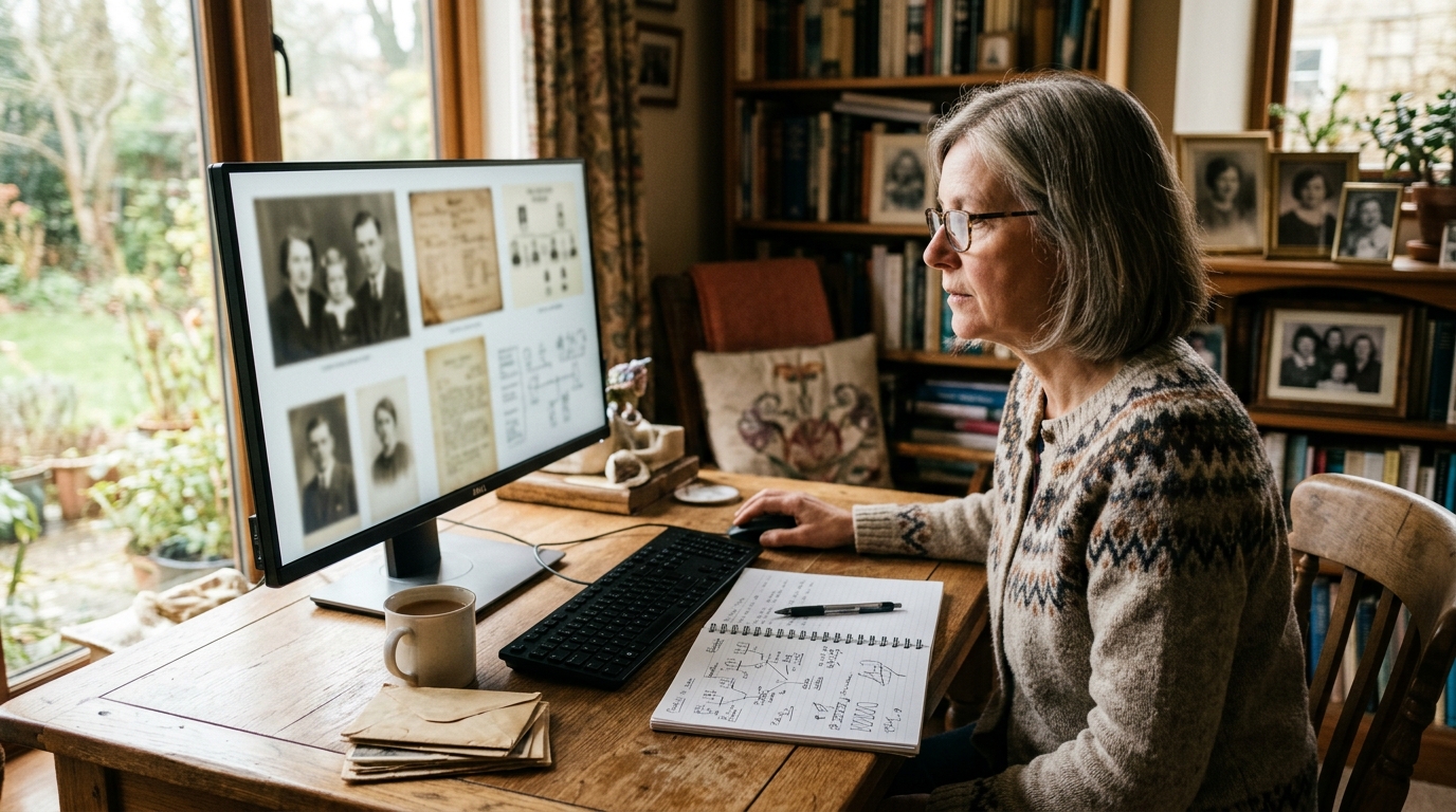 Family historian viewing digitized records on a monitor at home