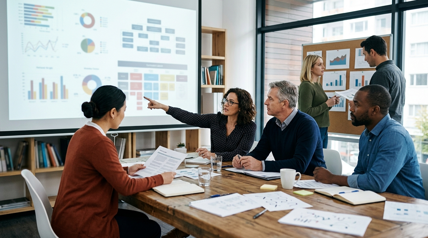 Education policy team reviewing data and documents in a meeting room