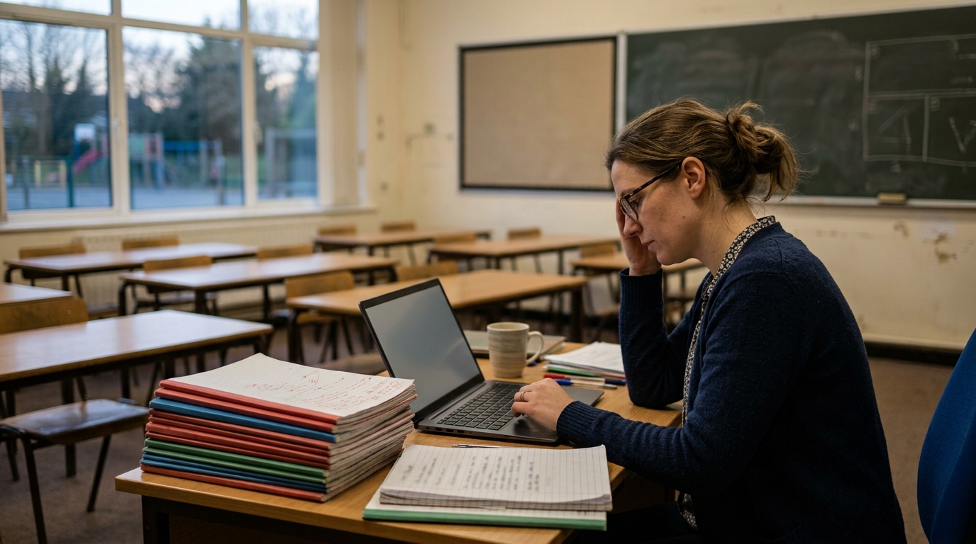 Teacher reading official education guidance on a laptop in an empty classroom
