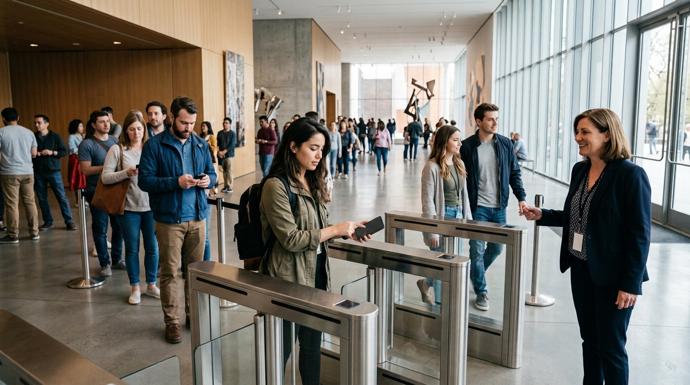 Visitors scanning timed-entry tickets on their phones in a museum foyer