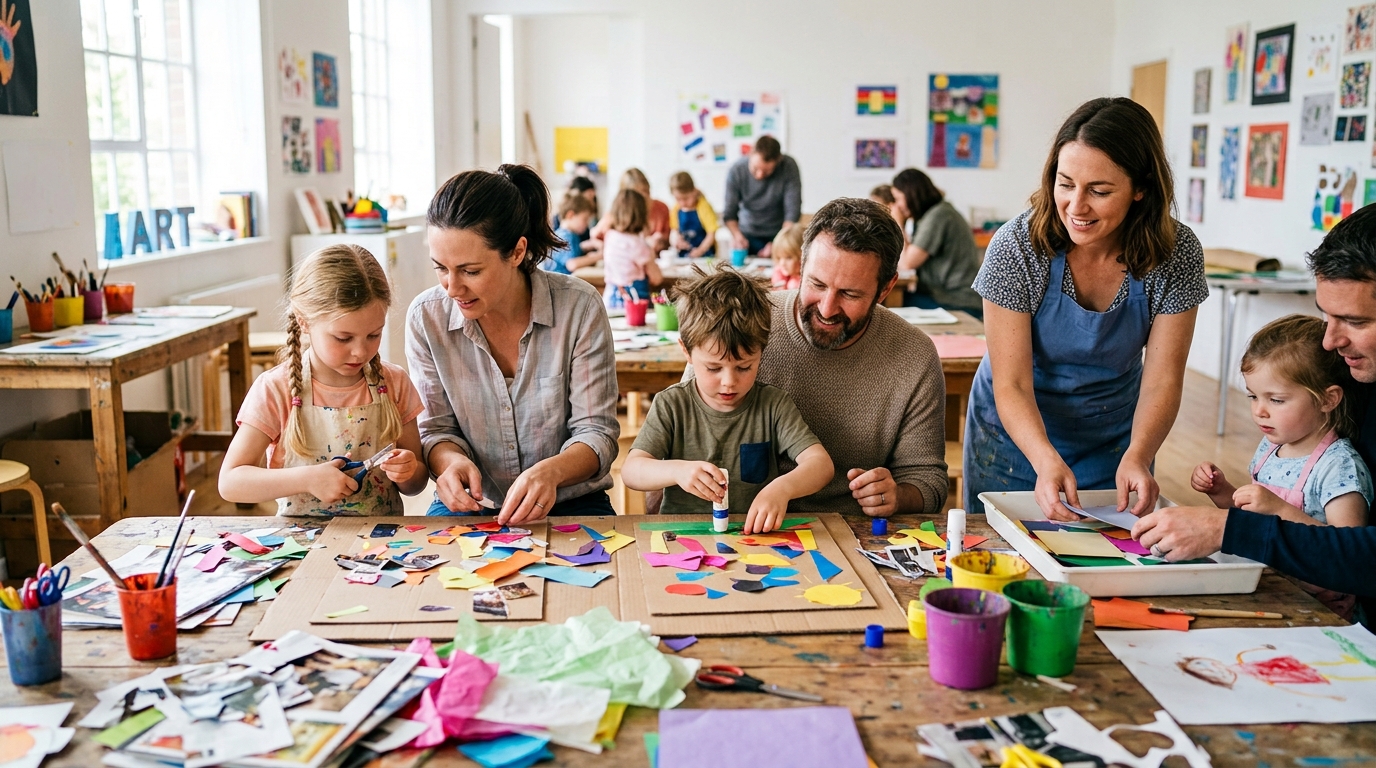 Family art workshop with an educator in a museum learning studio