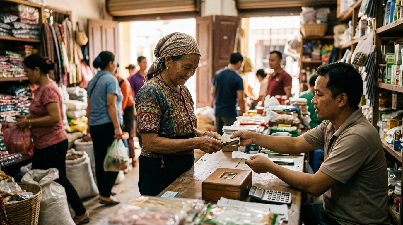 Recipient collecting a cash transfer at an agent counter in a local shop