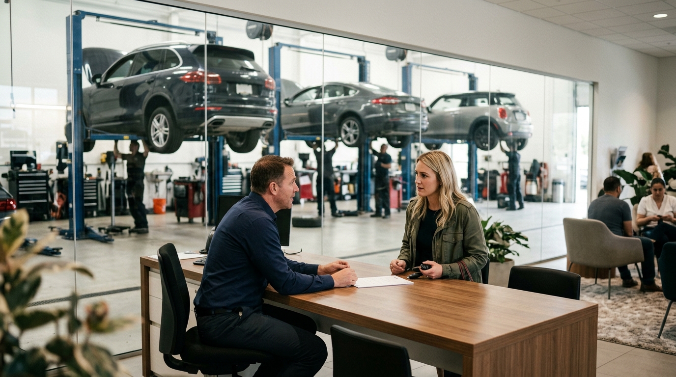 Service advisor with a customer at a dealership service reception