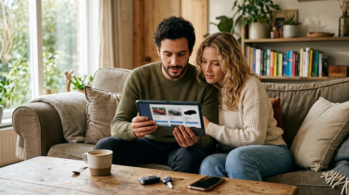 Couple browsing car listings on a tablet at home