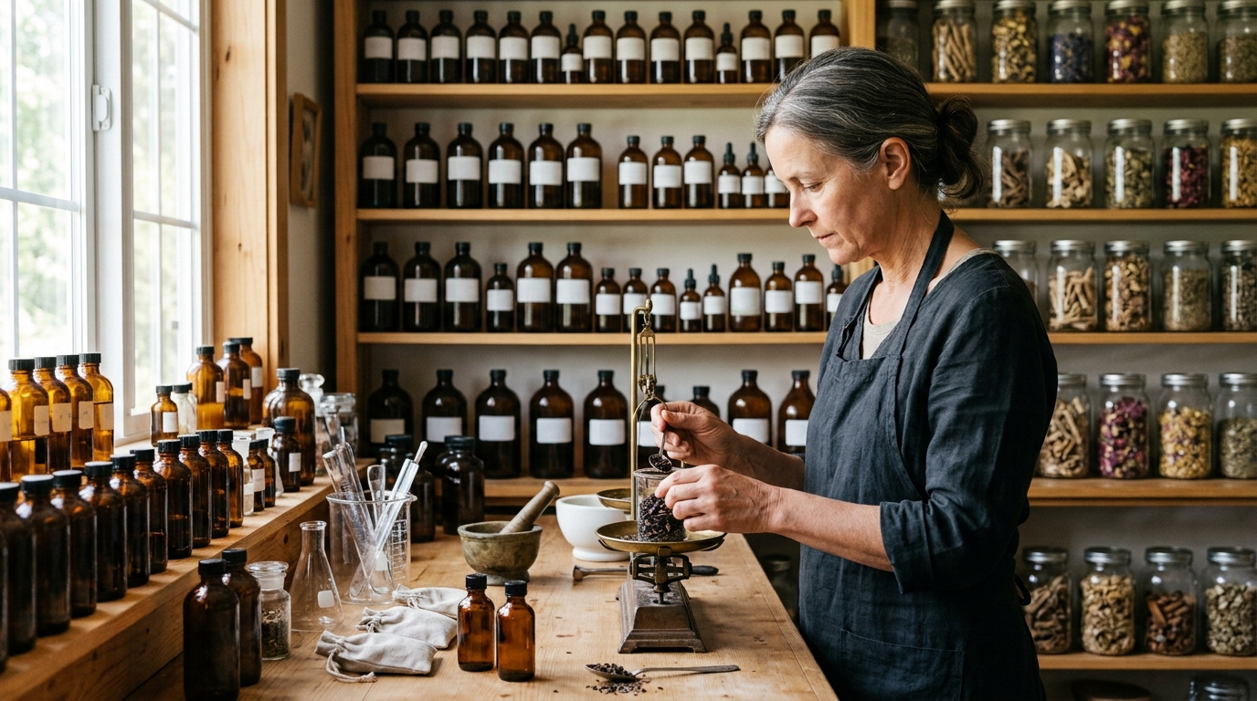 Practitioner preparing a herbal remedy in a clinic dispensary