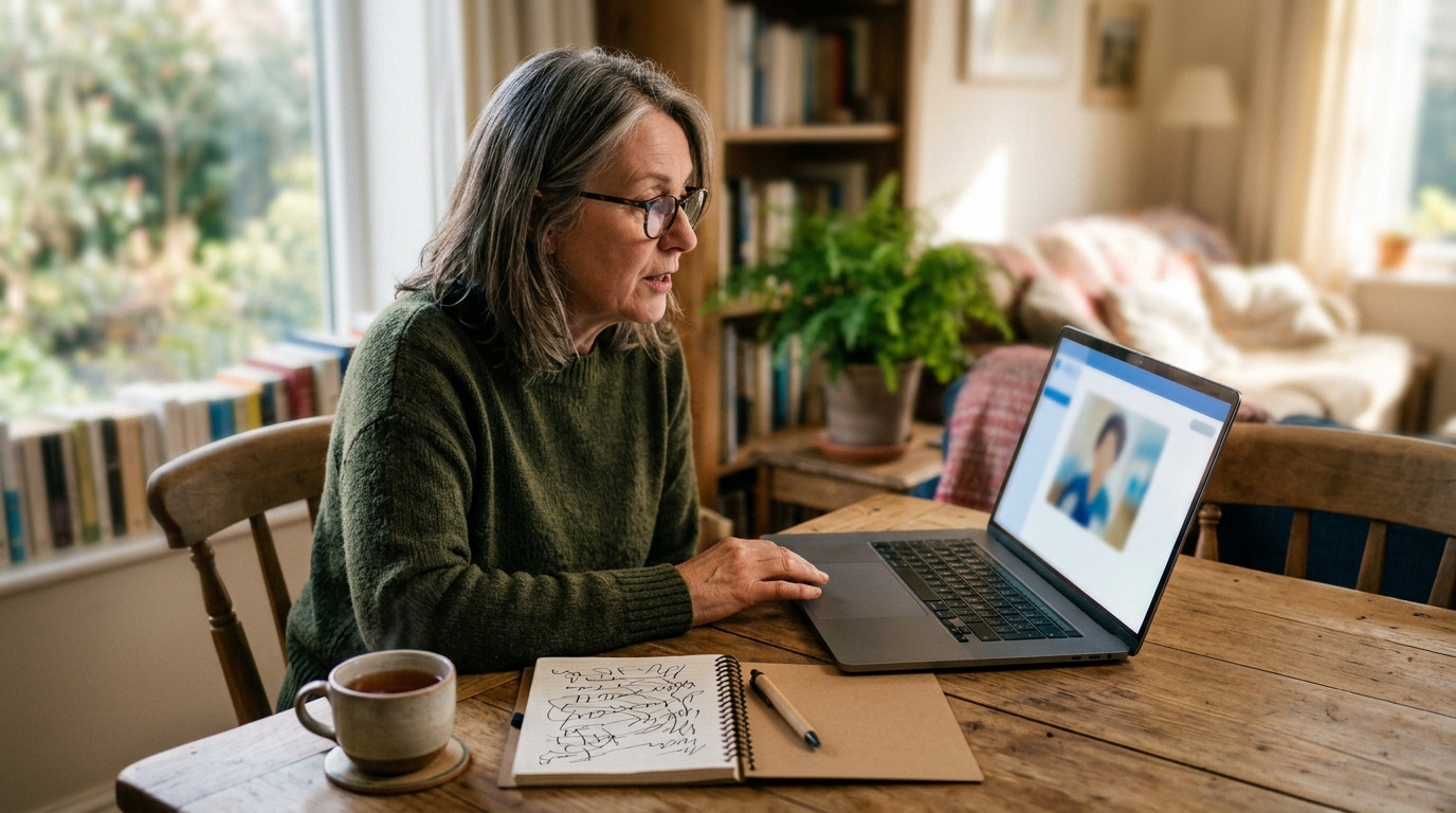 Patient joining an online naturopathic consultation on a laptop at home