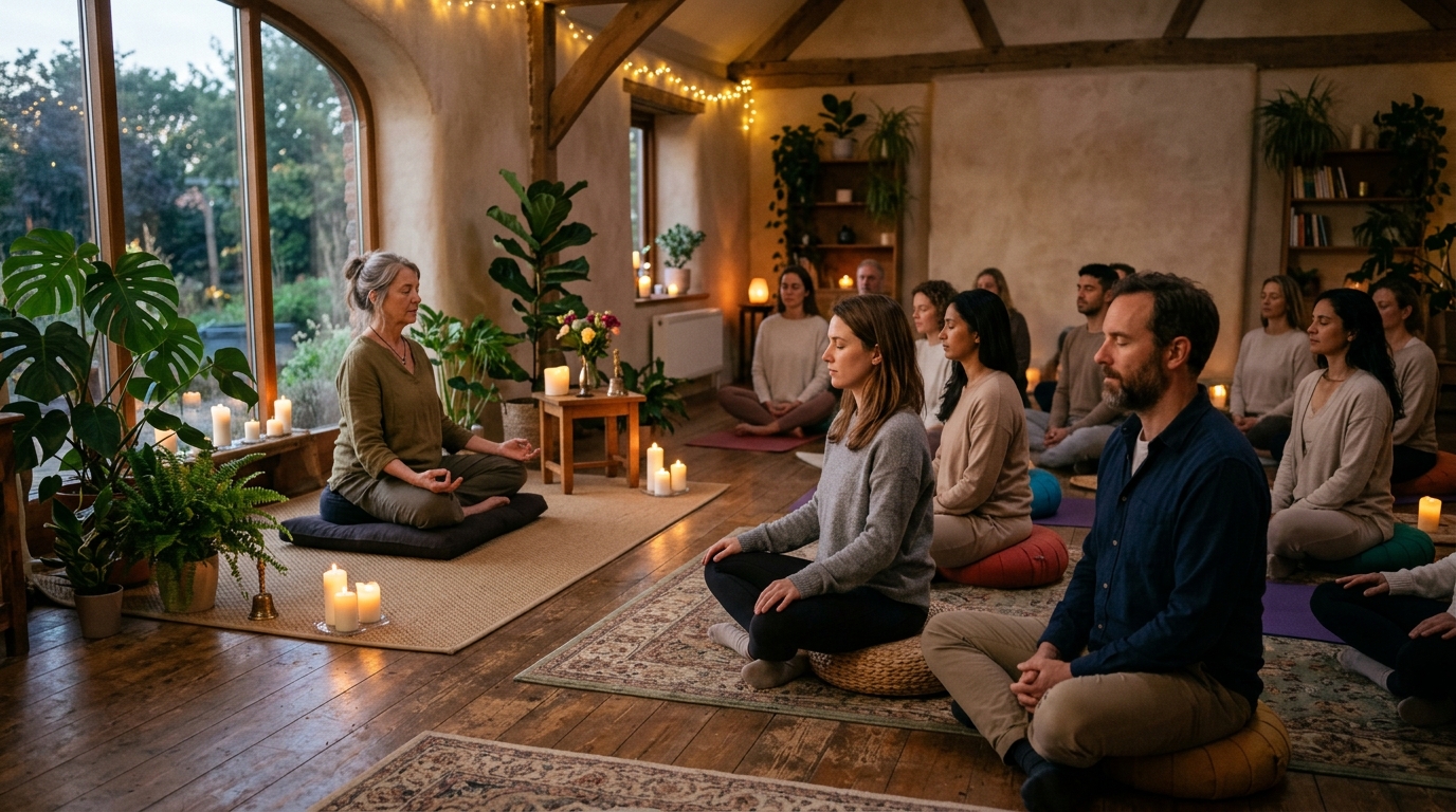 Group meditation class with a facilitator in a calm, candlelit room
