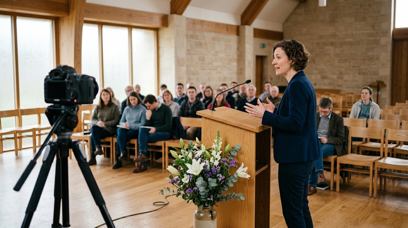 Camera livestreaming a speaker at a lectern in a spiritual center