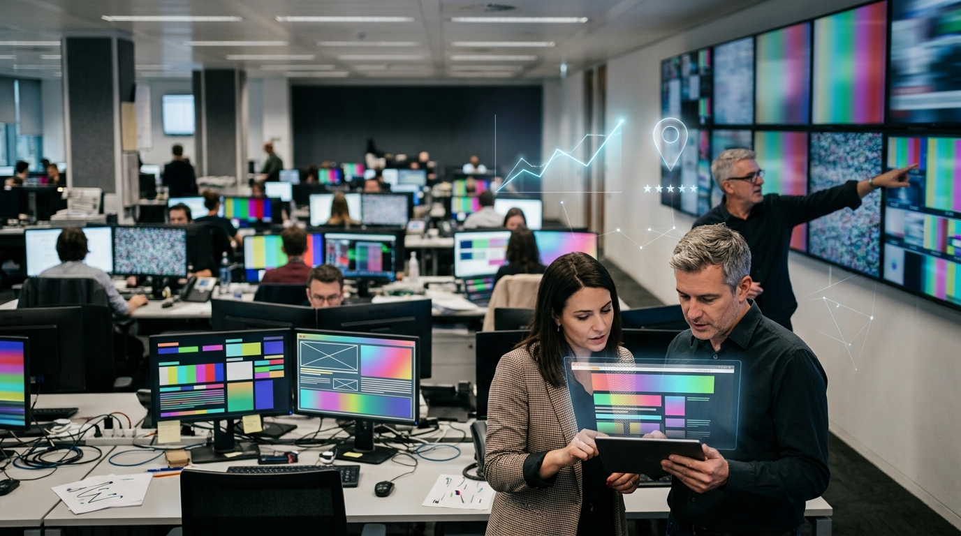 Media team monitoring coverage on a wall of screens in a busy newsroom