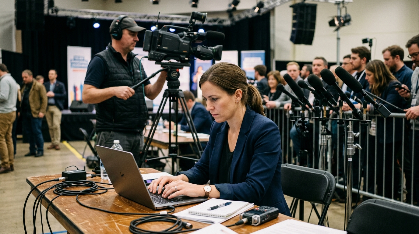 Reporter filing a story on a laptop at a press event