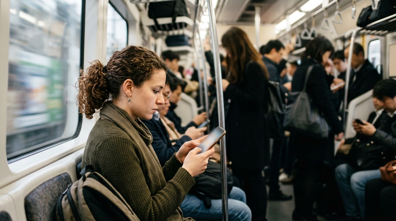 Commuter reading the news on a phone on a morning train