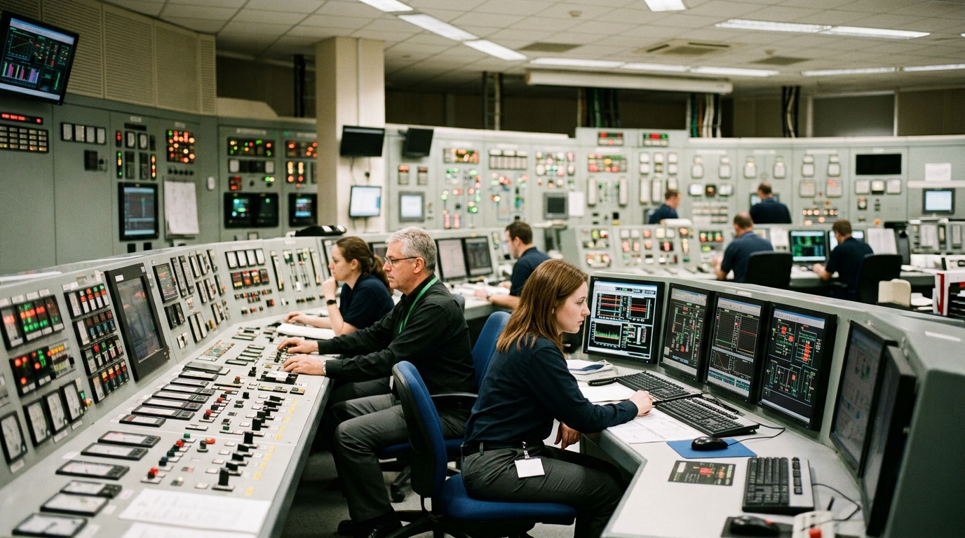 Engineers working at the consoles of a power station control room
