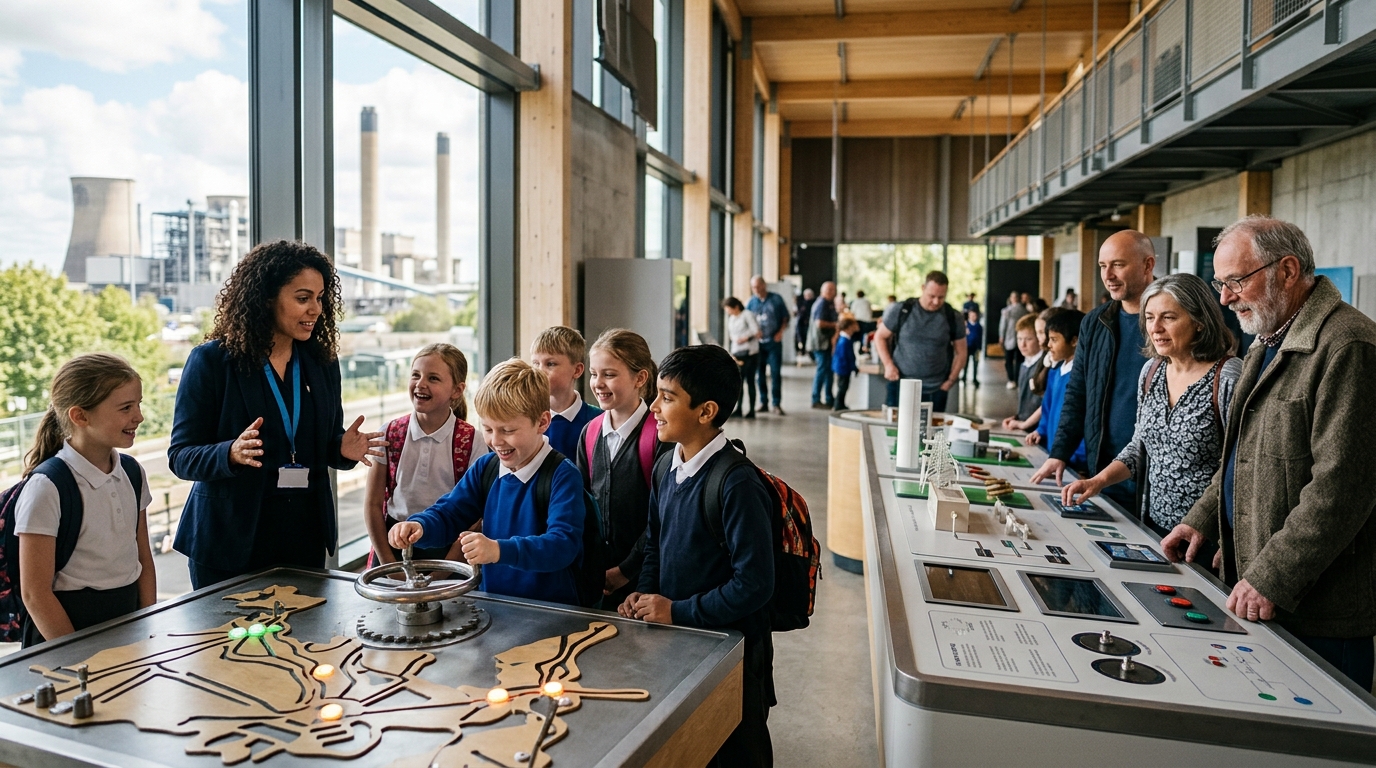 Local residents and a school group at a power station visitor center exhibit