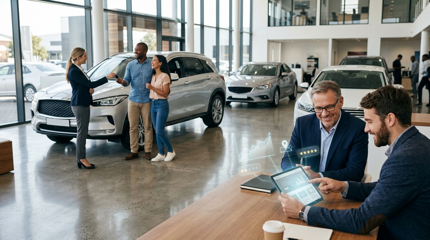 Car dealership showroom with a sales consultant handing keys to a couple